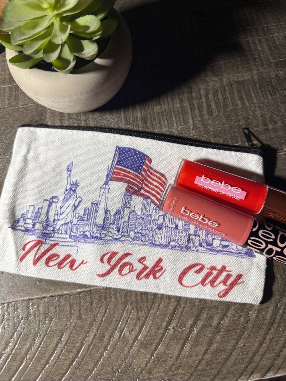 bebe liquid lipstick & plumping lip gloss with cosmetic bag  - New!!